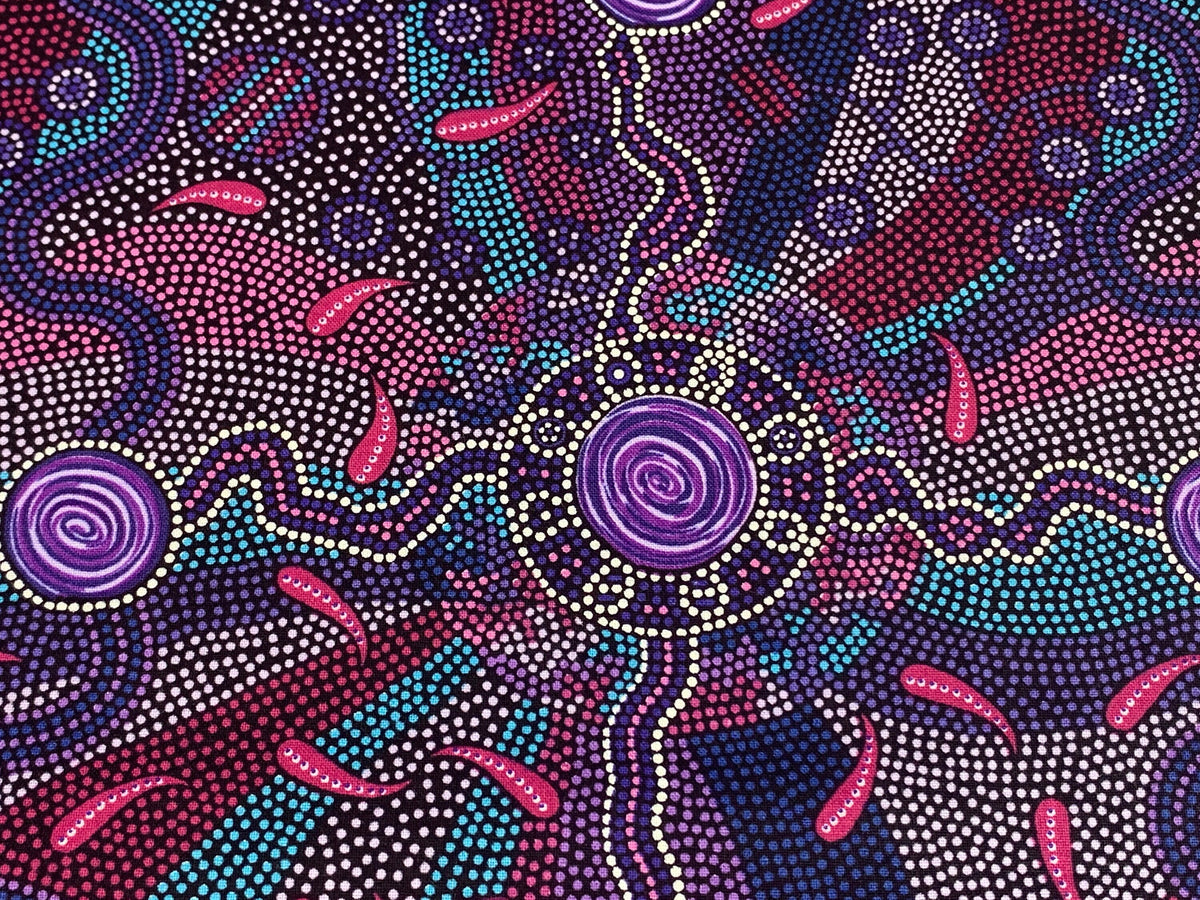 Australian Aboriginal Cotton Quilting Fabric by the YARD. M&S Textiles Roaring Forties Purple. 100% Cotton Aboriginal Art Design Print.