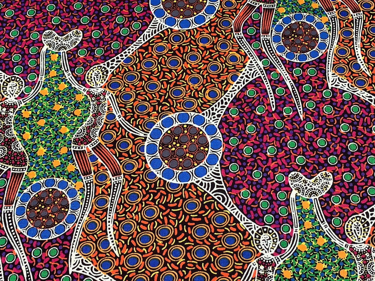 Australian Aboriginal Cotton Quilting Fabric by the YARD. M&S Textiles Women Dancing Near Waterhole. 100% Cotton Aboriginal Art Design Print