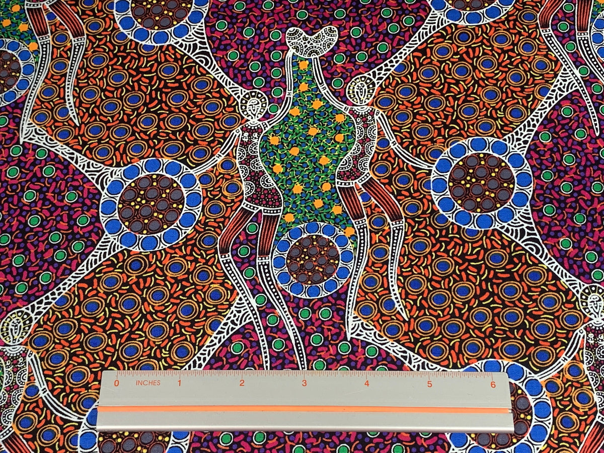 Australian Aboriginal Cotton Quilting Fabric by the YARD. M&S Textiles Women Dancing Near Waterhole. 100% Cotton Aboriginal Art Design Print
