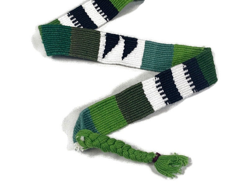 Guatemalan Hand Woven Belt in Olive Green, Black & White with Braided Tassel Ends. 1" Wide x 46" Long Cotton Mayan Toto Sash, Strap Textile.