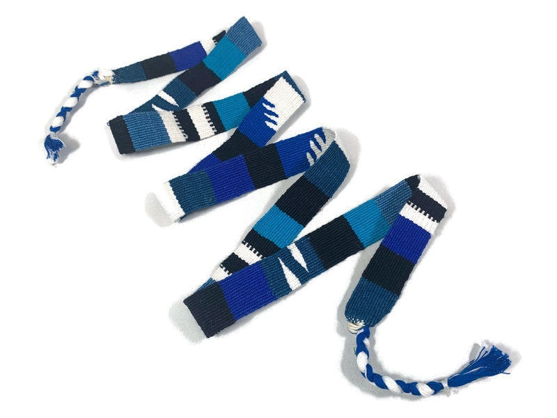 Guatemalan Hand Woven Belt in Turquoise Blue, Black & White, Braided Tassel Ends. 1" Wide x 46" Long Cotton Mayan Toto Sash, Strap Textile.