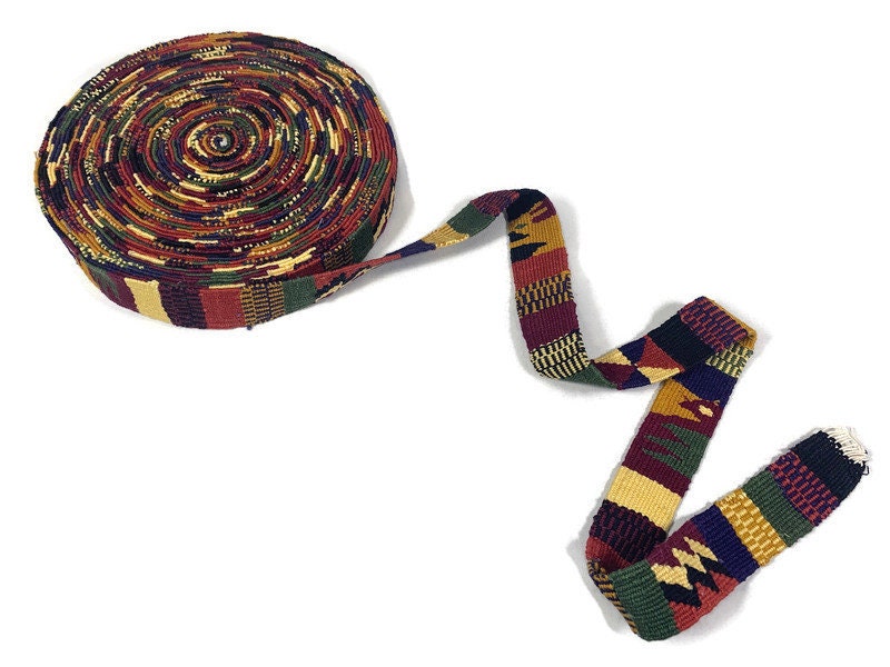 Hand Woven 1.25" Wide Guatemalan Belt, Purse Strap, Sash Sold by the YARD. Cotton Mayan Toto Textile Fancy Weave Earth Tone Wine, Blue, Gold