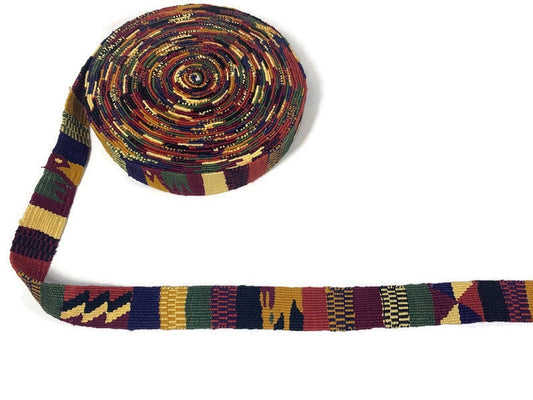 Hand Woven 1.25" Wide Guatemalan Belt, Purse Strap, Sash Sold by the YARD. Cotton Mayan Toto Textile Fancy Weave Earth Tone Wine, Blue, Gold