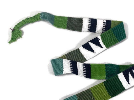 Guatemalan Hand Woven Belt in Olive Green, Black & White with Braided Tassel Ends. 1" Wide x 46" Long Cotton Mayan Toto Sash, Strap Textile.
