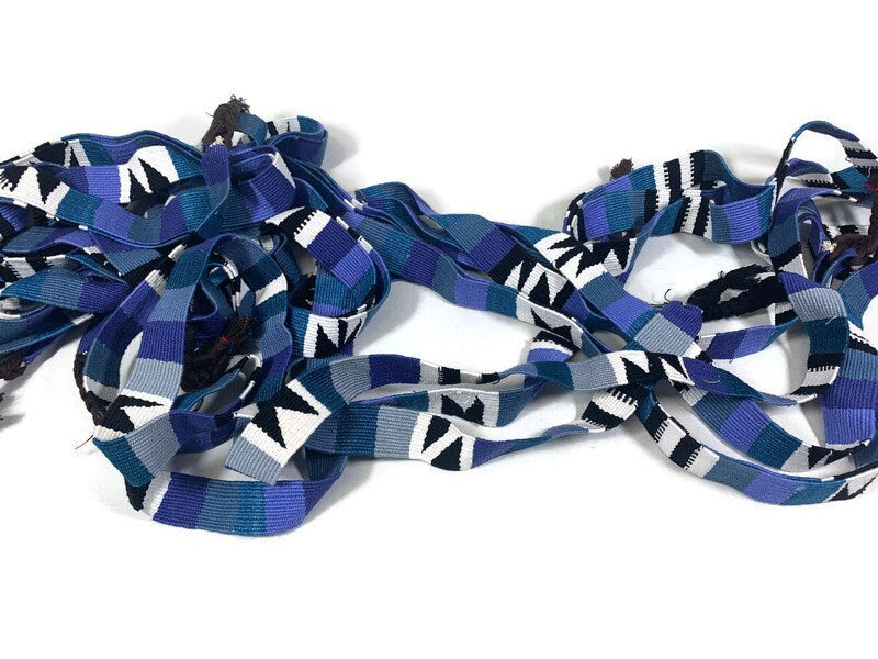 Guatemalan Hand Woven Belt in Periwinkle Blue, Black & White, Braided Tassel Ends. 1" Wide x 46" Long Cotton Mayan Toto Sash, Strap Textile.