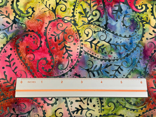Indian Batik Fabric by the YARD. Hand Dyed Bright Rainbow with Paisley Tie Dyed Fabric. 100% Cotton Fabric for Quilting, Apparel, Home Décor