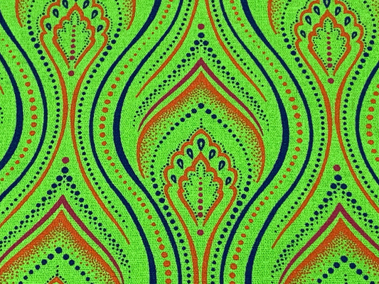 South African Shweshwe Fabric by the YARD. DaGama Three Cats Lime Green Minarets. 100% Cotton Fabric for Quilting, Apparel, & Home Décor.