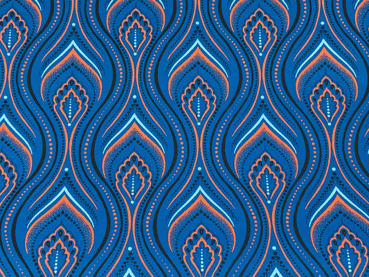 South African Shweshwe Fabric by the YARD. Da Gama Three Cats Turquoise & Orange Minarets. 100% Cotton Print for Quilts, Apparel, Décor.