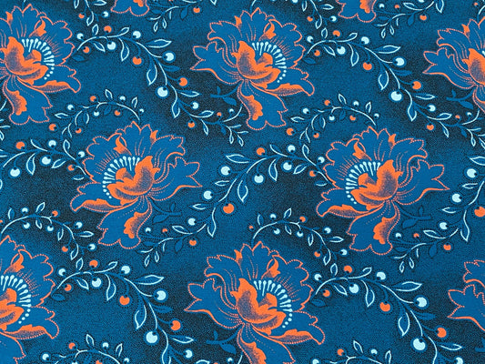 South African Shweshwe Fabric by the YARD. Da Gama Three Cats Turquoise & Orange Hibiscus. 100% Cotton Print for Quilts, Apparel, Décor.