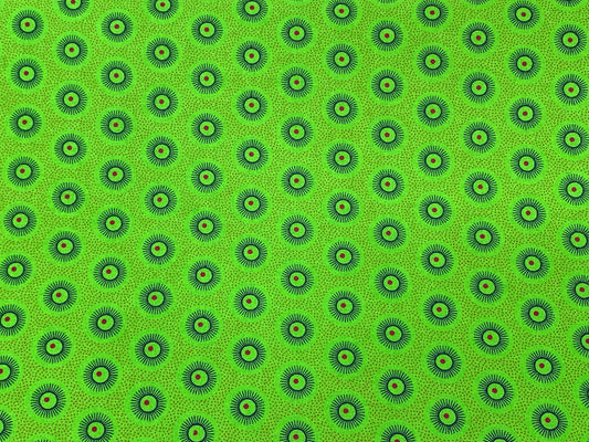 South African Shweshwe Fabric by the YARD. DaGama Three Cats Lime Green Little Suns. 100% Cotton Fabric for Quilting, Apparel, & Home Décor