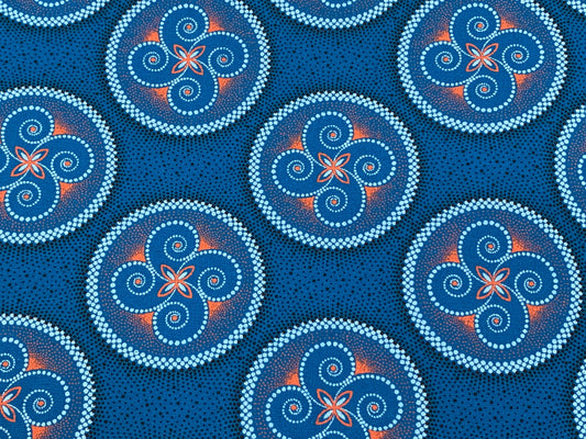 South African Shweshwe Fabric by the YARD. Da Gama Three Cats Turquoise & Orange Circle Dance. 100% Cotton Print for Quilts, Apparel, Décor.