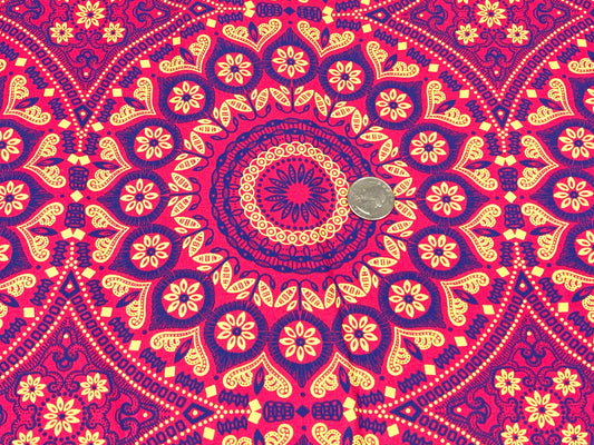 South African Shweshwe Fabric by the YARD. DaGama 3 Cats Pink, Royal Blue, Yellow Giant Mandala. Cotton for Quilting, Apparel, & Home Decor.