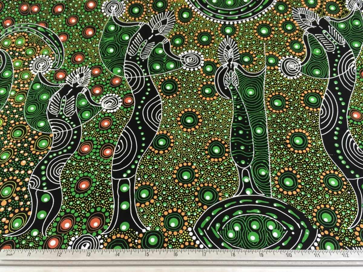 Australian Aboriginal Cotton Quilting Fabric by the YARD. M&S Textiles Dancing Spirit Green. Original Aboriginal Art Design Cotton Fabric.