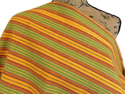 Guatemalan Fabric by the Yard. 100% Handwoven Cotton Fabric. Yellow, Green, Orange Ikat Striped Mayan Textiles for Clothing and Home Décor.