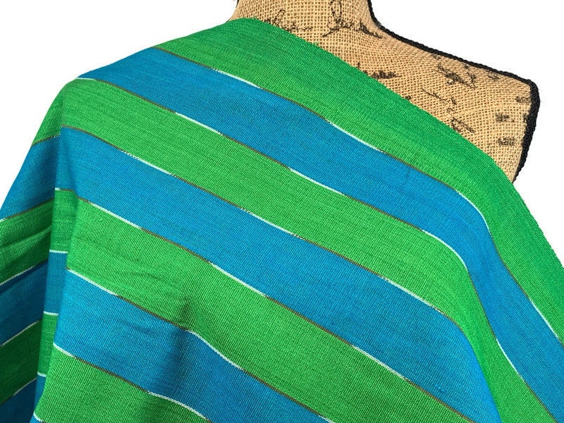 Guatemalan Fabric by the YARD. Handwoven Fair Trade Mayan Fabric. Ethnic Woven Fabric for Home Decor. Lime Green & Turquoise Wide Stripes