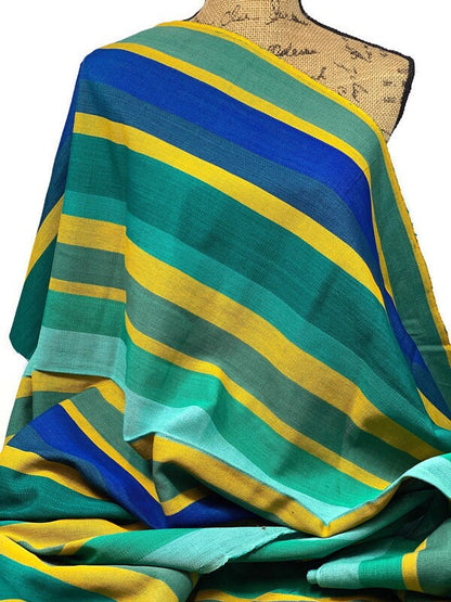 Guatemalan Fabric by the YARD. Royal Blue, Green, Yellow Wide Stripes. Woven Fair Trade Mayan Designer Fabric for Home Decor or Apparel.