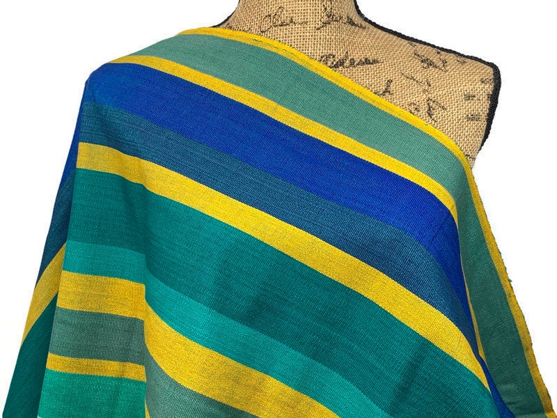 Guatemalan Fabric by the YARD. Royal Blue, Green, Yellow Wide Stripes. Woven Fair Trade Mayan Designer Fabric for Home Decor or Apparel.
