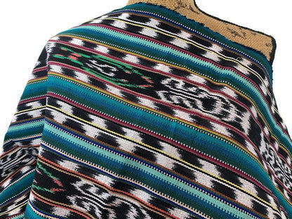 Guatemalan Fabric by the YARD. Handwoven Fair Trade Mayan Heavy Woven Fabric for Home Decor. Tribal Black/White Ikat with Turquoise Stripes.