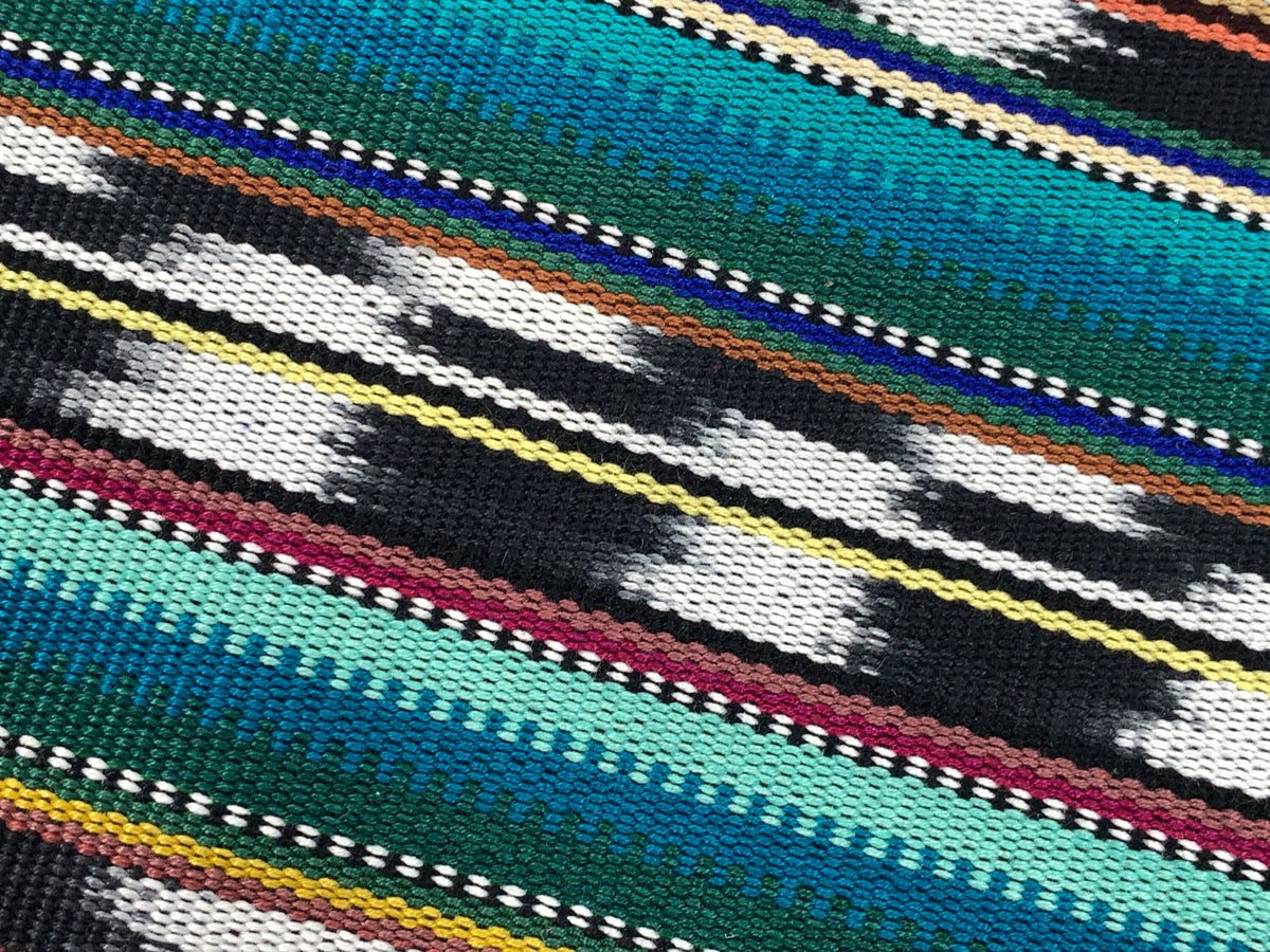 Guatemalan Fabric by the YARD. Handwoven Fair Trade Mayan Heavy Woven Fabric for Home Decor. Tribal Black/White Ikat with Turquoise Stripes.