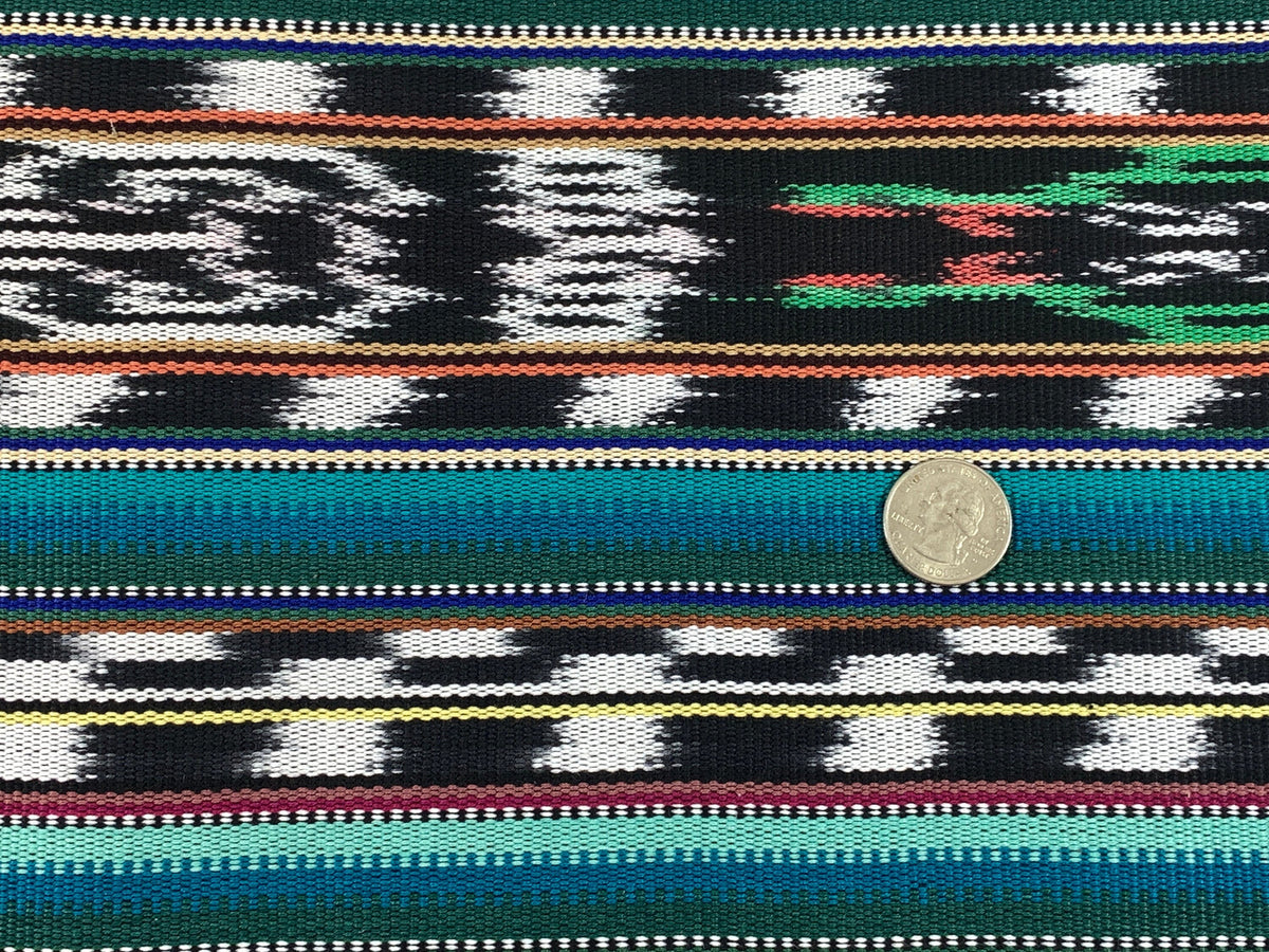 Guatemalan Fabric by the YARD. Handwoven Fair Trade Mayan Heavy Woven Fabric for Home Decor. Tribal Black/White Ikat with Turquoise Stripes.