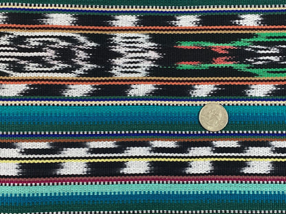 Guatemalan Fabric by the YARD. Handwoven Fair Trade Mayan Heavy Woven Fabric for Home Decor. Tribal Black/White Ikat with Turquoise Stripes.
