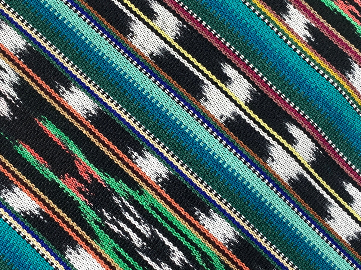 Guatemalan Fabric by the YARD. Handwoven Fair Trade Mayan Heavy Woven Fabric for Home Decor. Tribal Black/White Ikat with Turquoise Stripes.