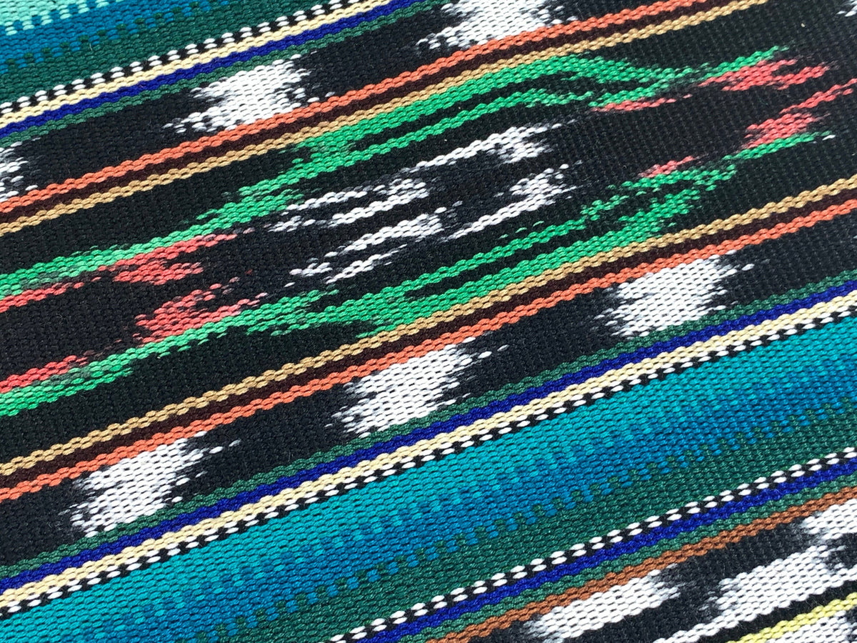 Guatemalan Fabric by the YARD. Handwoven Fair Trade Mayan Heavy Woven Fabric for Home Decor. Tribal Black/White Ikat with Turquoise Stripes.