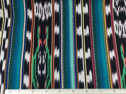 Guatemalan Fabric by the YARD. Handwoven Fair Trade Mayan Heavy Woven Fabric for Home Decor. Tribal Black/White Ikat with Turquoise Stripes.