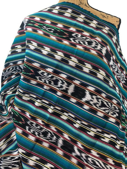Guatemalan Fabric by the YARD. Handwoven Fair Trade Mayan Heavy Woven Fabric for Home Decor. Tribal Black/White Ikat with Turquoise Stripes.