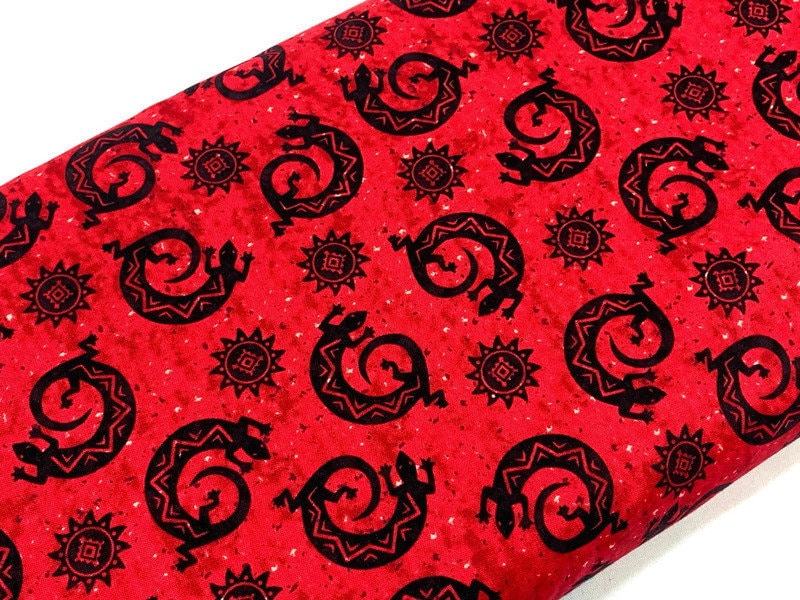 Navajo Lizard Fabric, Cherry Red & Black Geckos, New Mexico Style Cotton