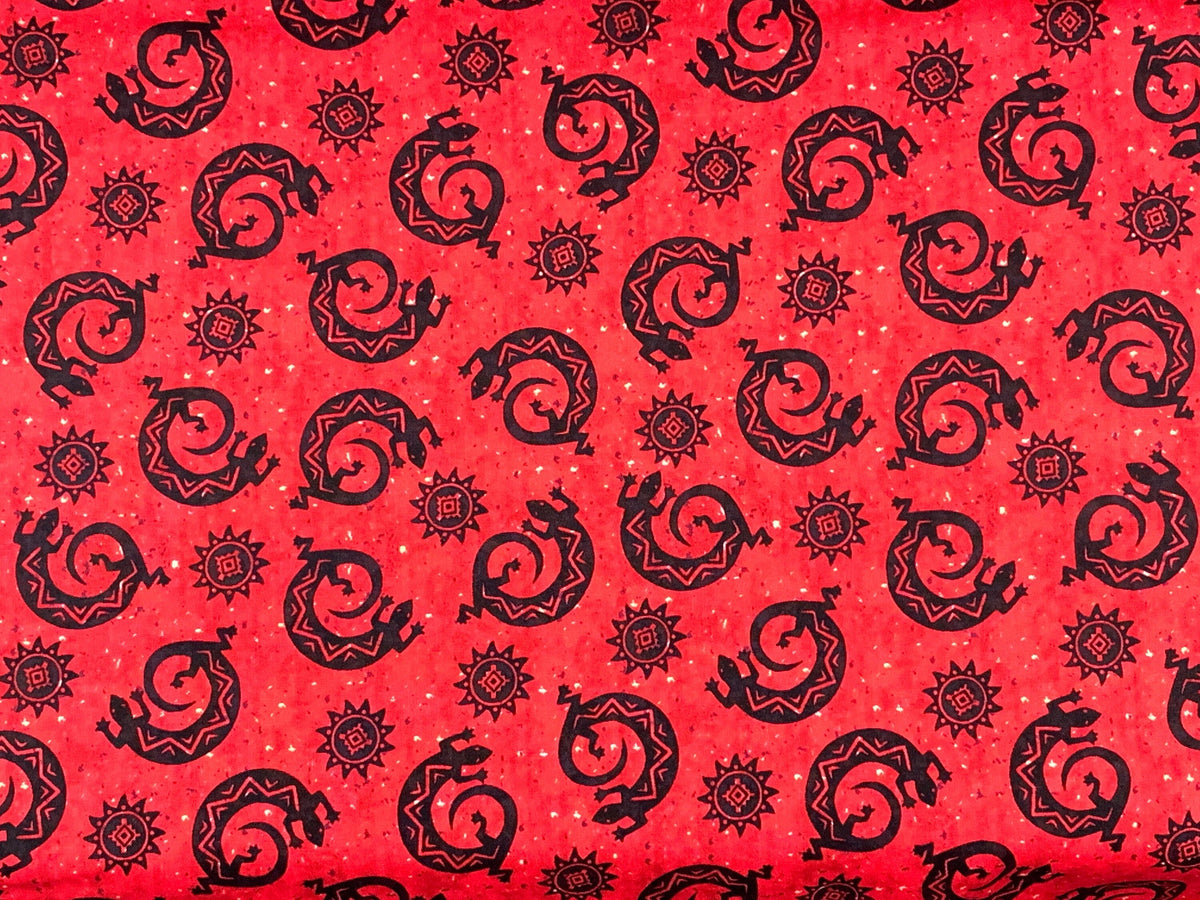 Navajo Lizard Fabric, Cherry Red & Black Geckos, New Mexico Style Cotton