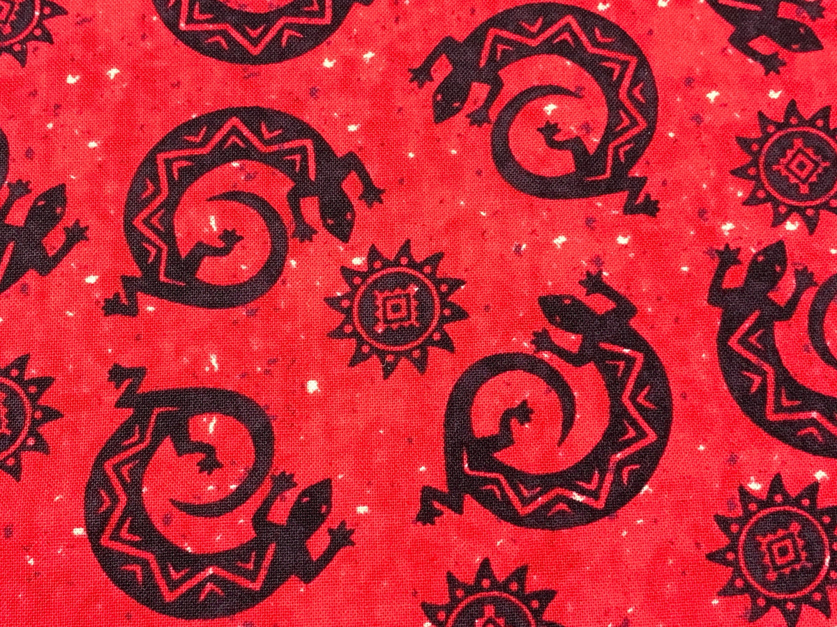 Navajo Lizard Fabric, Cherry Red & Black Geckos, New Mexico Style Cotton