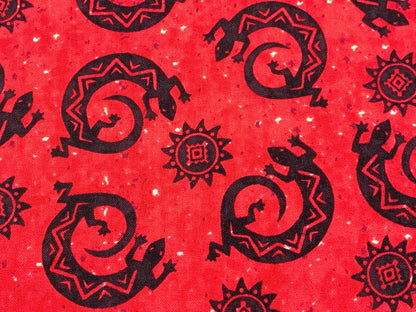 Navajo Lizard Fabric, Cherry Red & Black Geckos, New Mexico Style Cotton