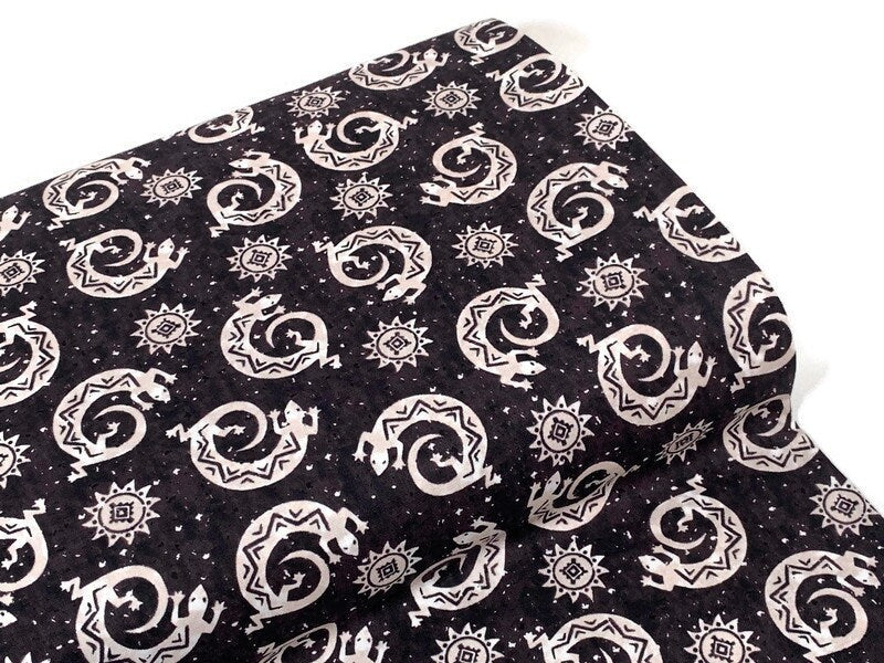 Navajo Lizard Fabric, Black and Cream Southwestern Cotton, Apparel and Decor