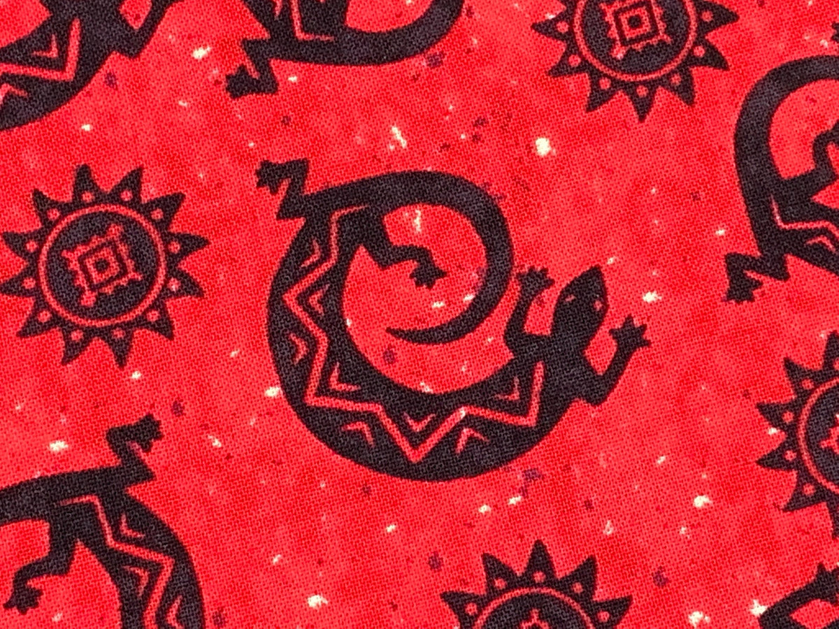 Navajo Lizard Fabric, Cherry Red & Black Geckos, New Mexico Style Cotton