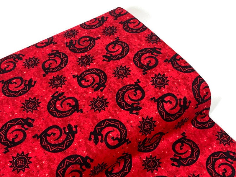 Navajo Lizard Fabric, Cherry Red & Black Geckos, New Mexico Style Cotton