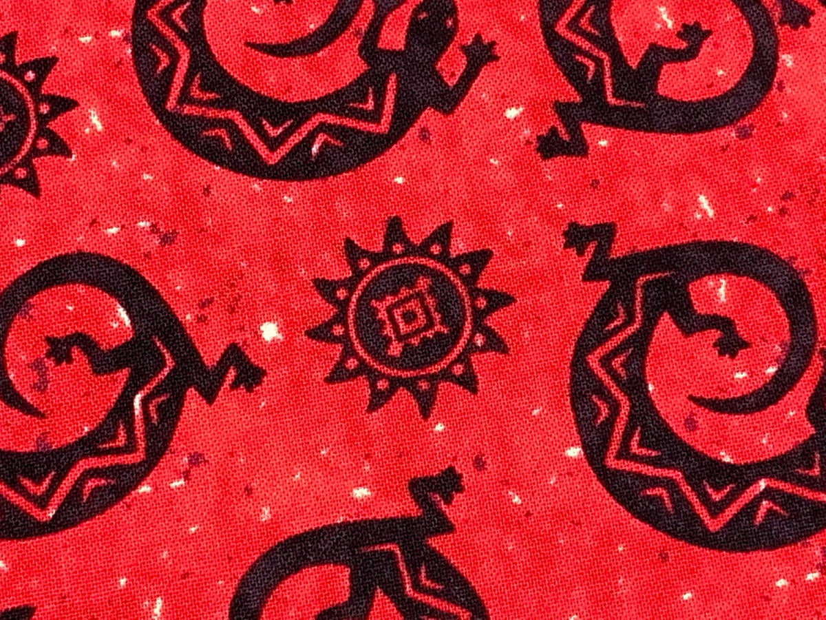 Navajo Lizard Fabric, Cherry Red & Black Geckos, New Mexico Style Cotton