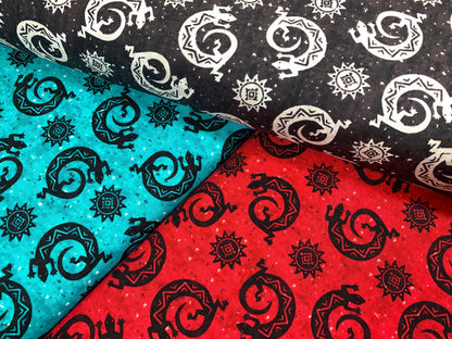 Navajo Lizard Fabric, Cherry Red & Black Geckos, New Mexico Style Cotton