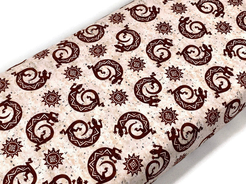Navajo Lizard Fabric, Coffee Brown Geckos, Southwestern Style Cotton