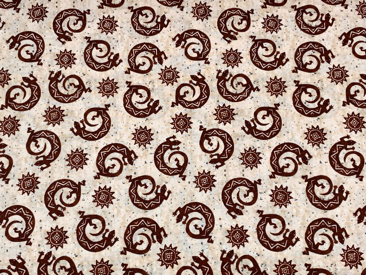 Navajo Lizard Fabric, Coffee Brown Geckos, Southwestern Style Cotton
