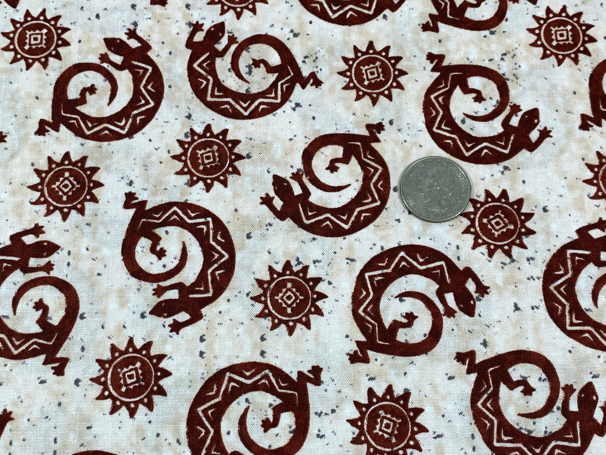 Navajo Lizard Fabric, Coffee Brown Geckos, Southwestern Style Cotton