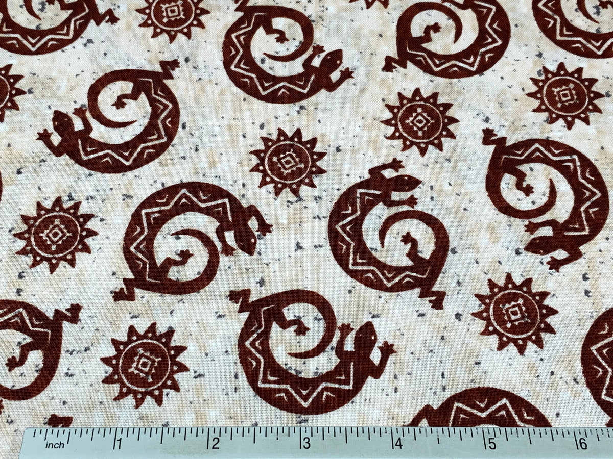 Navajo Lizard Fabric, Coffee Brown Geckos, Southwestern Style Cotton