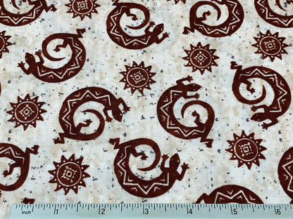 Navajo Lizard Fabric, Coffee Brown Geckos, Southwestern Style Cotton