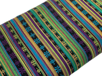 Southwest Style Embroidered Fabric by the Yard. 100% Dobby Cotton Boho Fabric with Multicolored Stripes. Purple, Green, Teal. 56" wide.