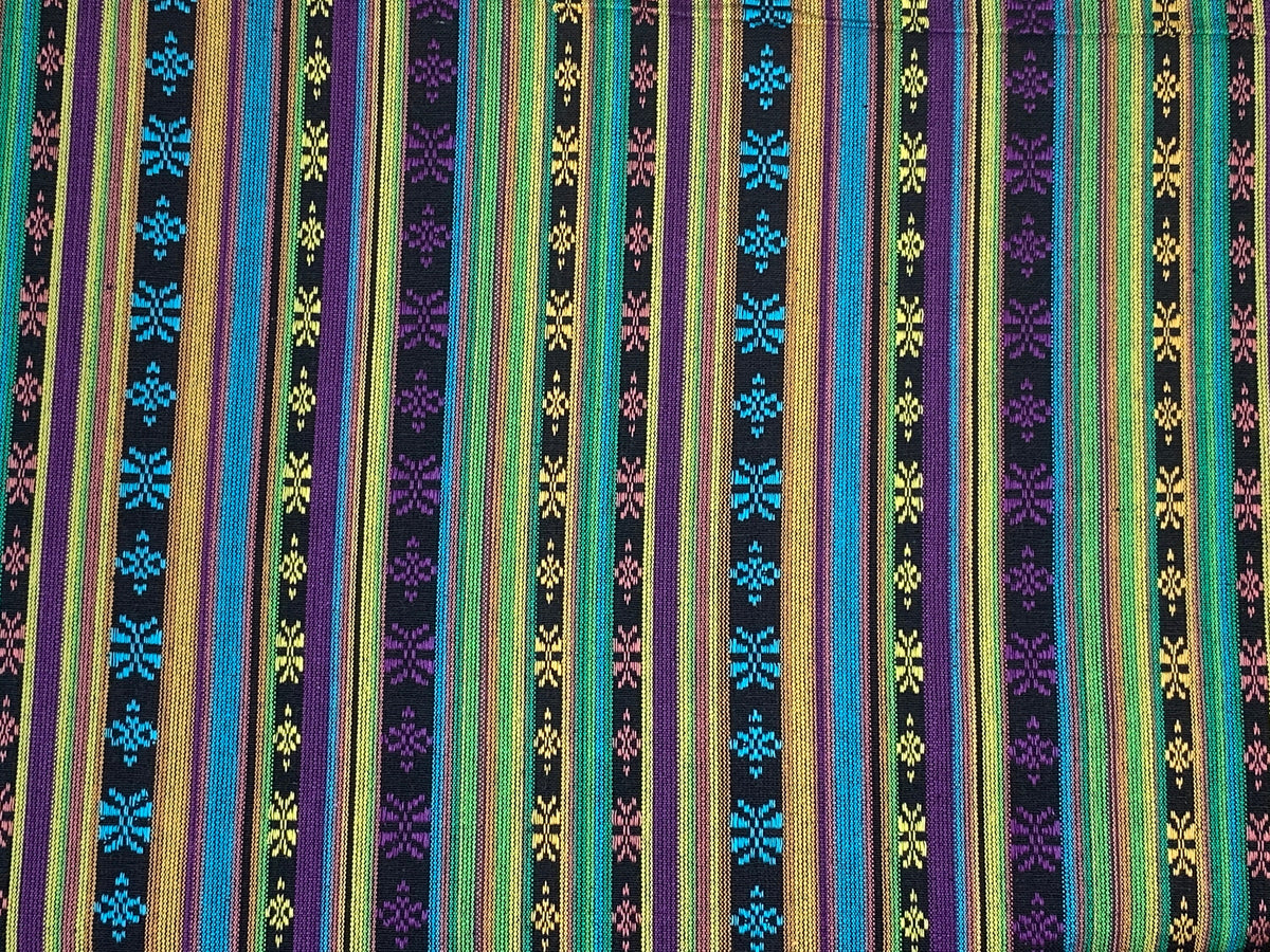 Southwest Style Embroidered Fabric by the Yard. 100% Dobby Cotton Boho Fabric with Multicolored Stripes. Purple, Green, Teal. 56" wide.