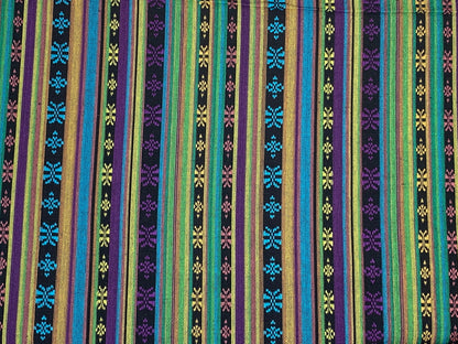 Southwest Style Embroidered Fabric by the Yard. 100% Dobby Cotton Boho Fabric with Multicolored Stripes. Purple, Green, Teal. 56" wide.