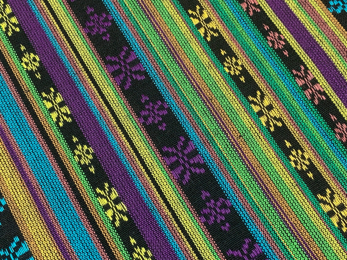 Southwest Style Embroidered Fabric by the Yard. 100% Dobby Cotton Boho Fabric with Multicolored Stripes. Purple, Green, Teal. 56" wide.