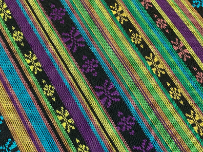Southwest Style Embroidered Fabric by the Yard. 100% Dobby Cotton Boho Fabric with Multicolored Stripes. Purple, Green, Teal. 56" wide.