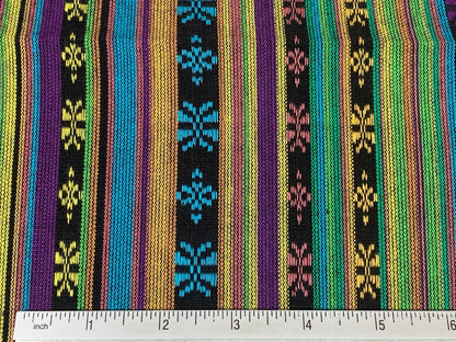 Southwest Style Embroidered Fabric by the Yard. 100% Dobby Cotton Boho Fabric with Multicolored Stripes. Purple, Green, Teal. 56" wide.