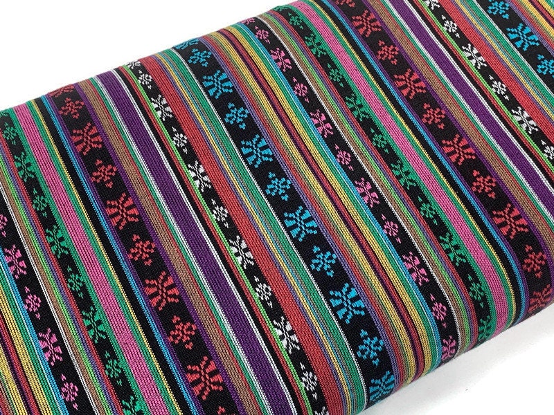 Southwest Style Embroidered Fabric by the Yard. 100% Dobby Cotton Rainbow Multicolored Stripes. Turquoise/Pink. 56" wide. One Side Finished.